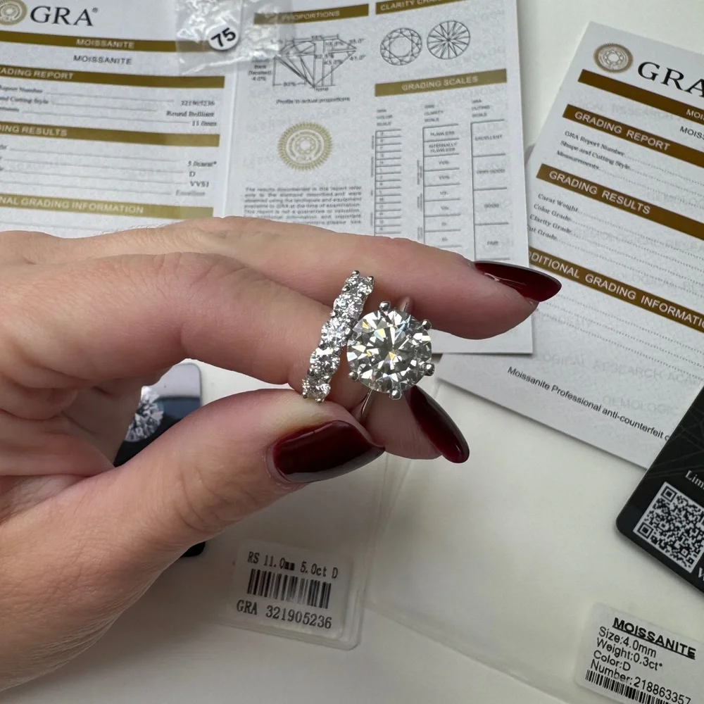 925 Sterling Silver Set “White Gold Look” Moissanite Rings for Women Size 7.5 - Picture 4 of 17